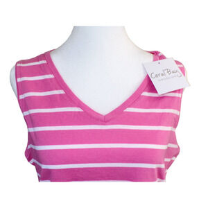 Coral Bay Pink-White Striped Sleeveless Top Vee Neck size S 100% Cotton